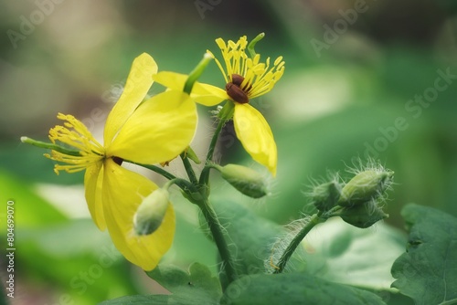 Greater celandine blooming in the forest