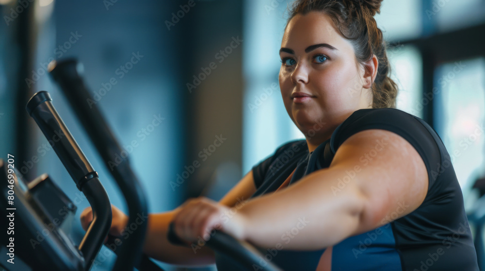 Beautiful plus size woman in sportswear on an exercise bike in the gym. A young fat woman plays sports in the gym. Concept of body positivity, weight loss. Beautiful plus size woman in sportswear on an exercise bike in the gym. A young fat woman plays sports in the gym. Concept of body positivity, weight loss.