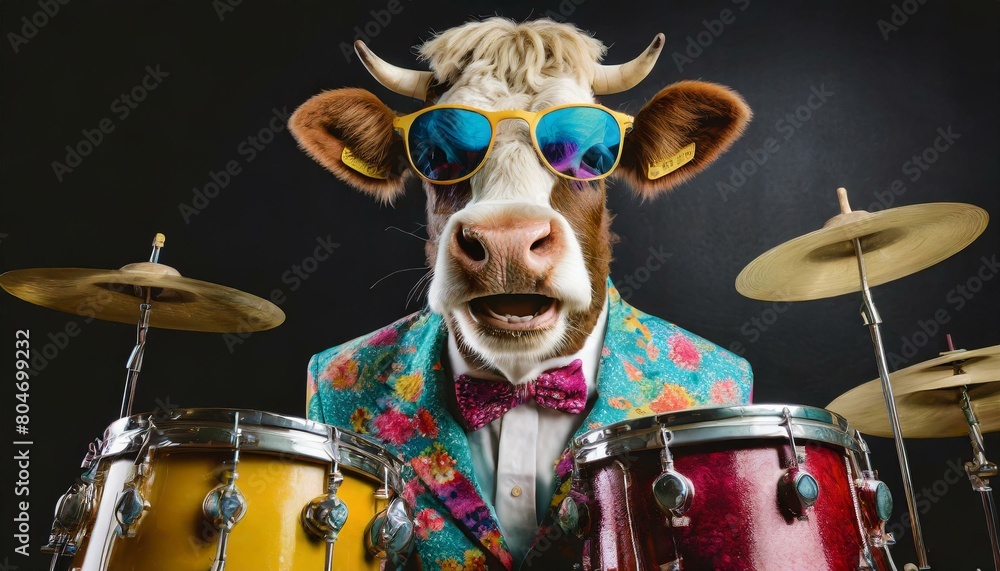 cow playing drums in colorful retro suit, rockband, black background