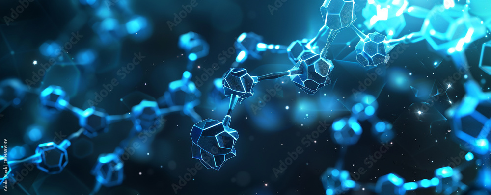 Galaxy-themed background with high-tech polygonal molecules in blue a cosmic interpretation of molecular technology with glowing polygonal forms.