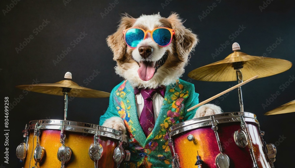 Fototapeta premium dog playing drums in colorful retro suit with sunglasses like a rockstar, black background, isolated portrait