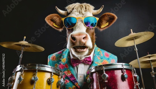 Obraz na płótnie cow playing drums in colorful retro suit, rockband, black background w salonie