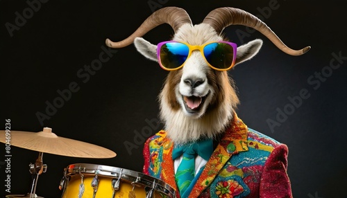 goat playing drums in colorful retro suit with sunglasses like a rockstar, black background, isolated portrait