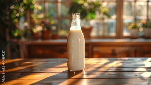Bottle of Milk on Wooden Table