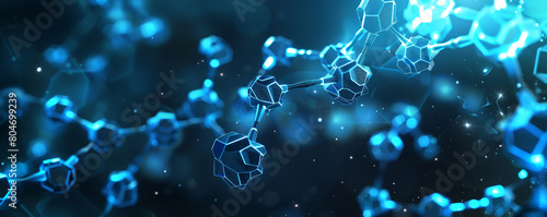 Galaxy-themed background with high-tech polygonal molecules in blue a cosmic interpretation of molecular technology with glowing polygonal forms. © Kiran