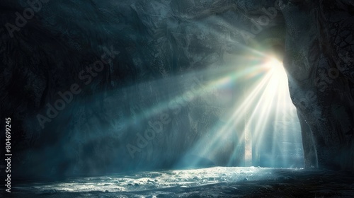 A dramatic scene of the resurrection with light beams breaking through the darkness, centered on the empty tomb, with copy space photo