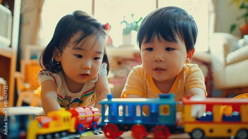 Two Asian toddlers are playing with a toy train on the floor in a brightly lit room. photo