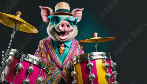pig playing drums in colorful retro suit with sunglasses like a rockstar, black background, isolated portrait