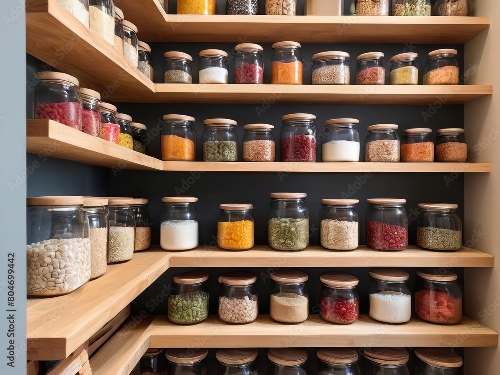 Efficient sustainable pantry organization with glass jars on rustic wooden shelves, creating a neat and visually appealing storage solution for kitchen ingredients and supplies. Efficient sustainable pantry organization with glass jars on rustic wooden shelves, creating a neat and visually appealing storage solution for kitchen ingredients and supplies.