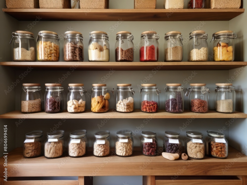 Efficient sustainable pantry organization with glass jars on rustic wooden shelves, creating a neat and visually appealing storage solution for kitchen ingredients and supplies. Efficient sustainable pantry organization with glass jars on rustic wooden shelves, creating a neat and visually appealing storage solution for kitchen ingredients and supplies.