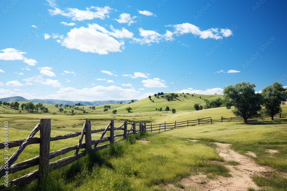 A rustic wooden fence winding through a vibrant countryside landscape under a clear blue sky, isolated on solid white background.