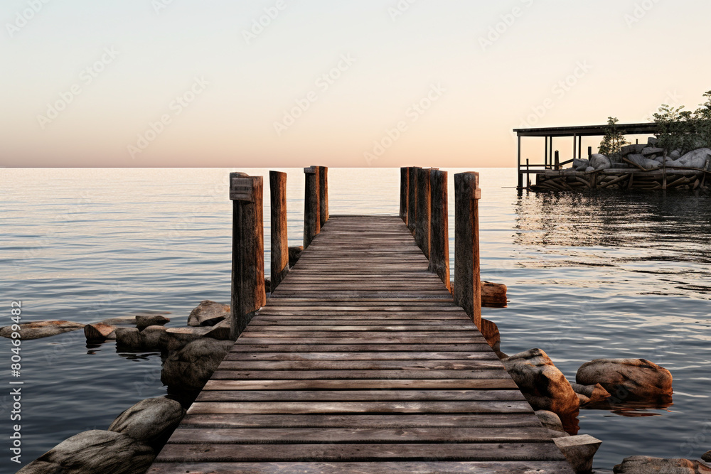 A rustic wooden dock extending into the shimmering waters at dusk, isolated on solid white background.