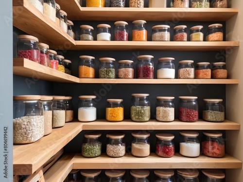 Wallpaper Mural Efficient sustainable pantry organization with glass jars on rustic wooden shelves, creating a neat and visually appealing storage solution for kitchen ingredients and supplies. Torontodigital.ca