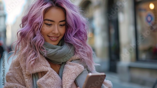 Woman With Purple Hair Using Cell Phone