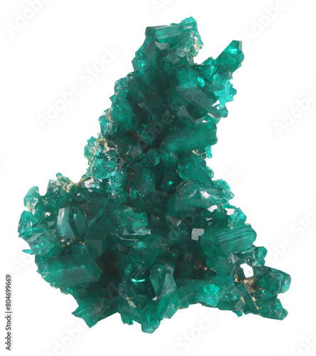 Dioptase emerald green copper cyclosilicate mineral stone isolated on white background. Mineralogy stones gem concept. photo