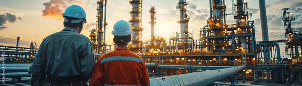 group of industrial workers in a refinery oil processing equipment and machinery group of industrial workers in a refinery oil processing equipment and machinery