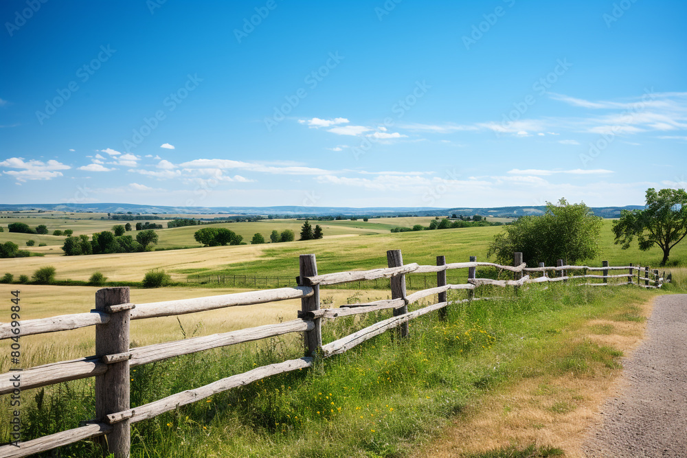 A rustic wooden fence winding through a vibrant countryside landscape under a clear blue sky, isolated on solid white background.
