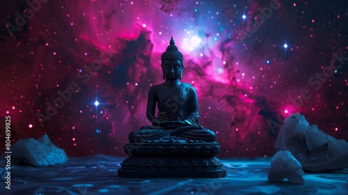 Buddha statue in cosmic backdrop, meditating amidst stars, representing enlightenment and the universe. Perfect for conceptual art.