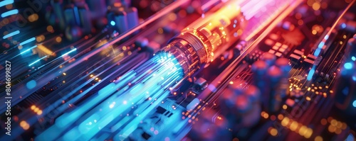 A close up of the optic cabel with many different light.