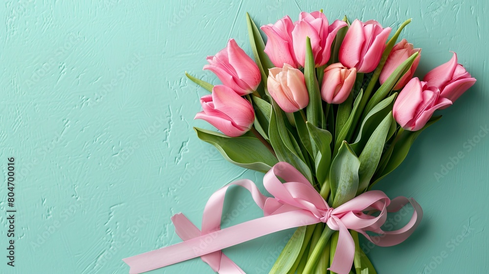 A stunning arrangement of pink tulips tied with a delicate pastel ribbon against a mint backdrop Perfect for Mother s Day Easter or Valentine s Day these spring flowers offer a fresh and vi A stunning arrangement of pink tulips tied with a delicate pastel ribbon against a mint backdrop Perfect for Mother s Day Easter or Valentine s Day these spring flowers offer a fresh and vi