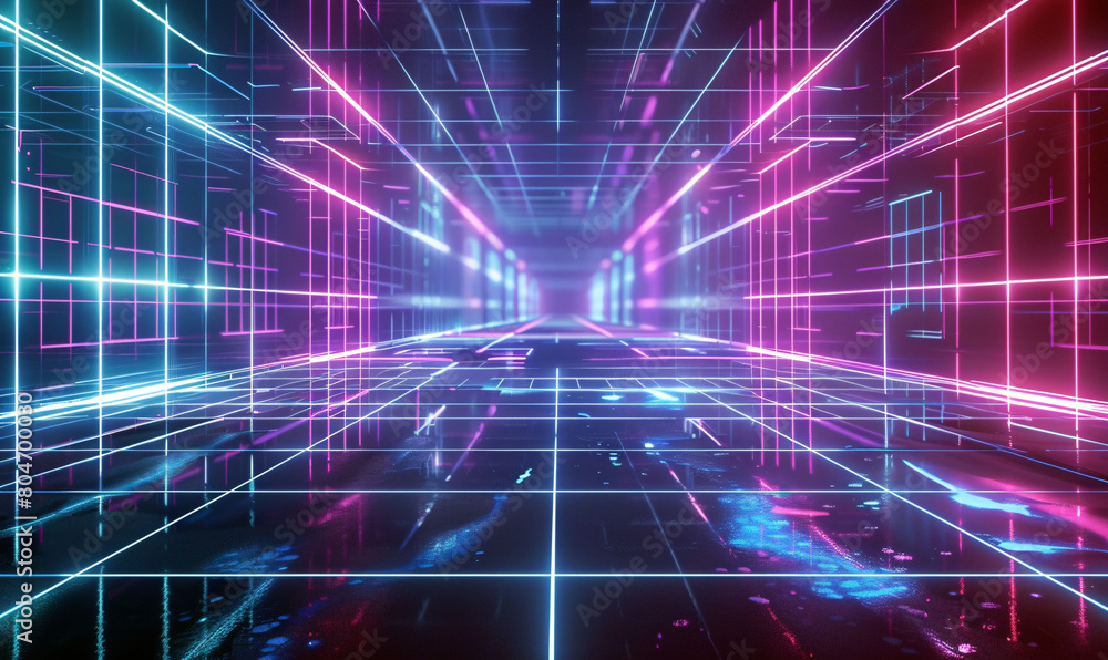 Abstract grid background with neon lights
