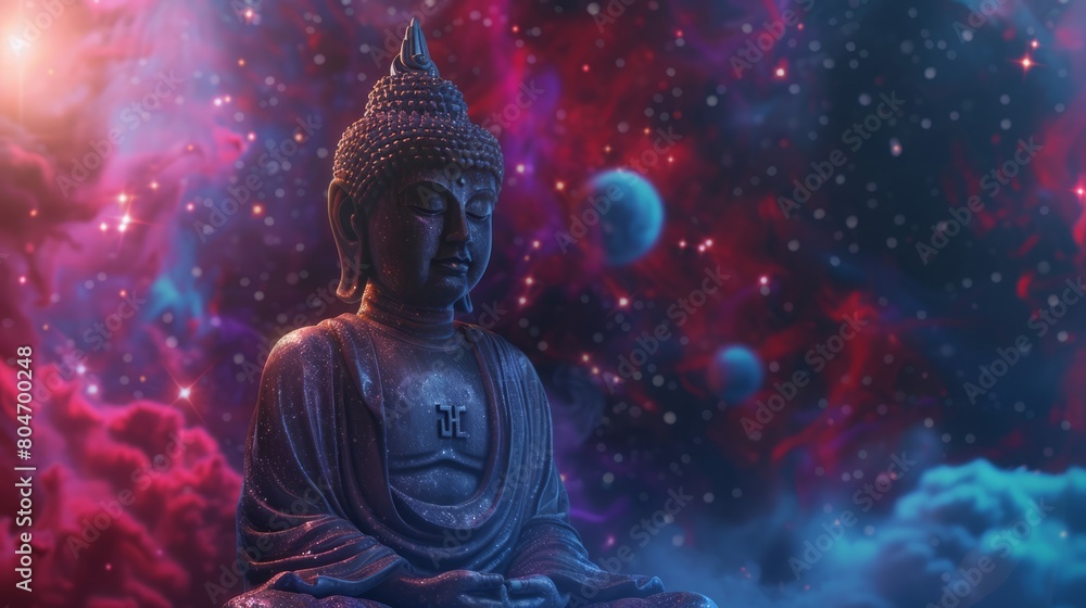 Buddha statue in cosmic backdrop, meditating amidst stars, representing enlightenment and the universe. Perfect for conceptual art.