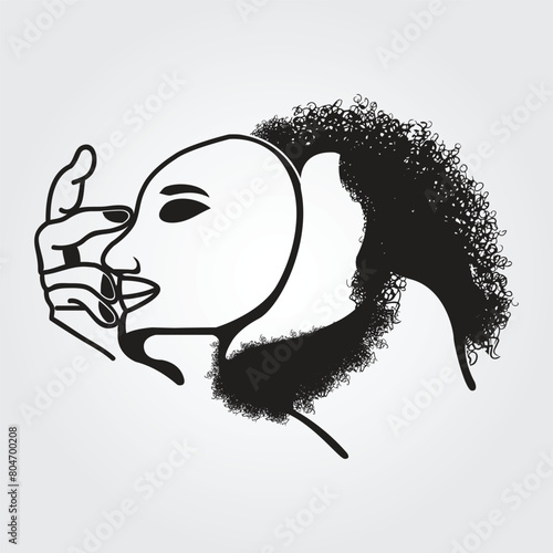 Beard man removing his face off his head vector with curly hairs style illustration