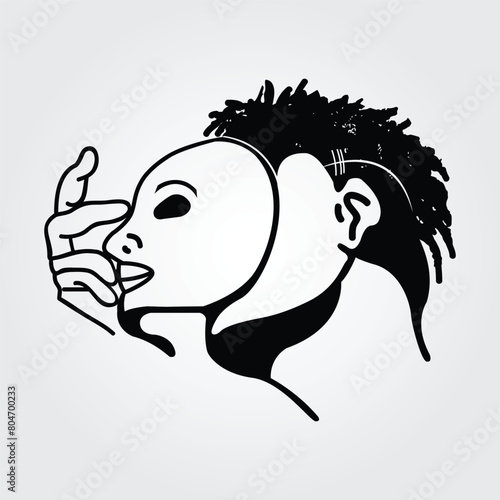boy removing his face off his head vector with dreadlocks hairs style illustration
