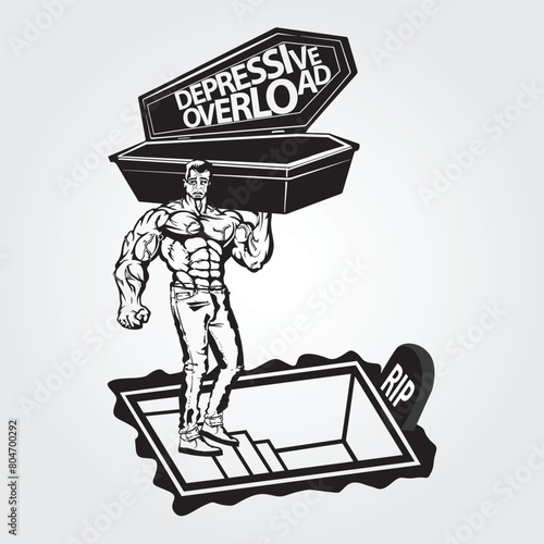 a man carries a coffin on his shoulder and goes inside the grave