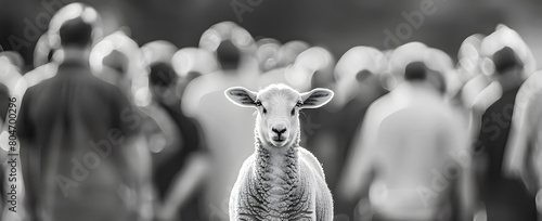 Black and white image of a sheep among people.  photo