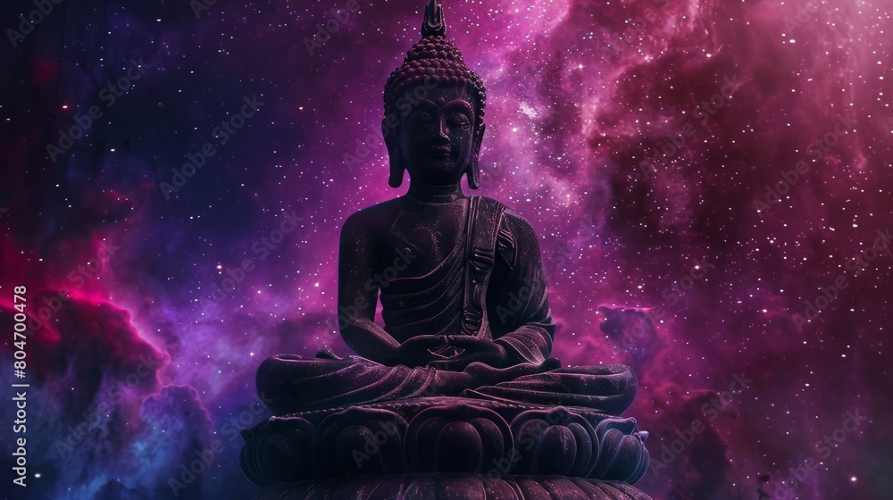 Buddha statue in cosmic backdrop, meditating amidst stars, representing enlightenment and the universe. Perfect for conceptual art.