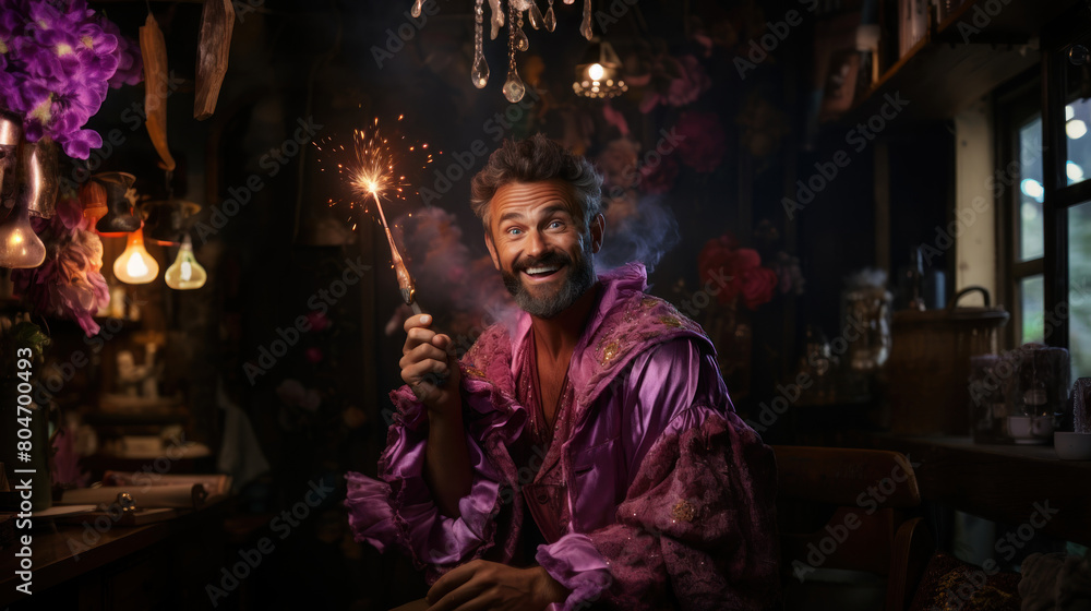 Fototapeta premium Joyful Man in Lavender Costume Holding Sparkler Inside a Magical Antique Shop