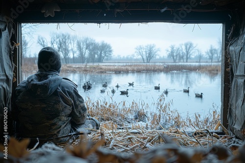 Poised in a hunting blind, a hunter cloaked in camouflage observes a peaceful winter pond with ducks swimming, evoking a quiet hunting scene photo