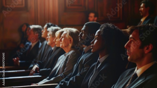 A group of diverse jurors seated in the jury box, leaning forward to catch every detail of the testimony being presented, their focus illuminated by the natural light streaming through the courtroom photo