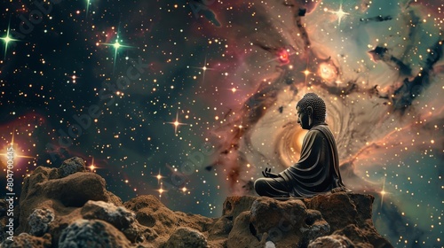 Buddha statue in cosmic backdrop  meditating amidst stars  representing enlightenment and the universe. Perfect for conceptual art.