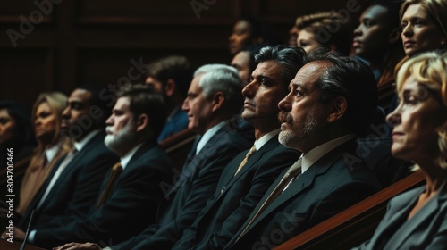 A group of diverse jurors seated in the jury box, leaning forward to catch every detail of the testimony being presented, their focus illuminated by the natural light streaming through the courtroom photo