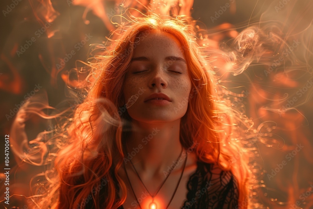 Fiery-haired woman surrounded by swirling smoke, radiating a mystical and enchanted aura
