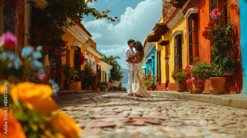 Romantic Couple Enjoying a Latin Dance on a Cobblestone Street in a Colorful Town