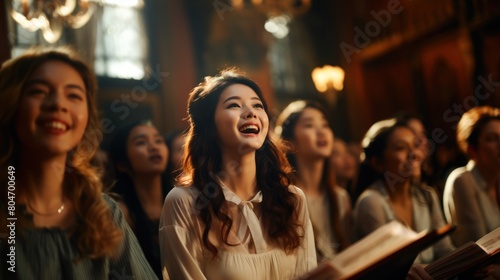 Joyful Choir Performance in a Traditional Hall with a Group of Diverse Young Women Singing Passionately