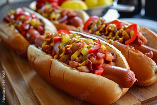 Flavorful American hot dogs. Eat beef lunch. Generate Ai photo