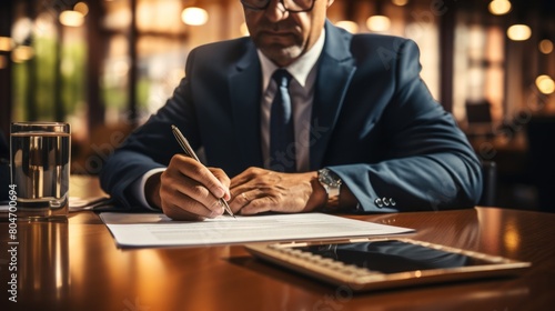 Serious Businessman Signing Documents in a Luxurious Office Setting