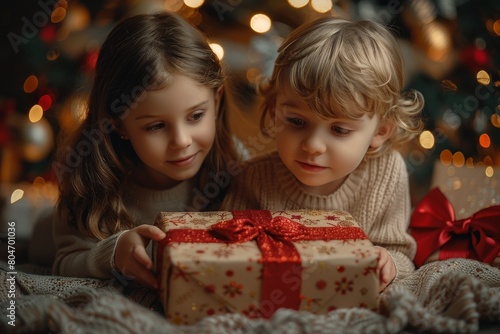 Soft light illuminates the faces of two children as they look down at a beautifully wrapped Christmas present