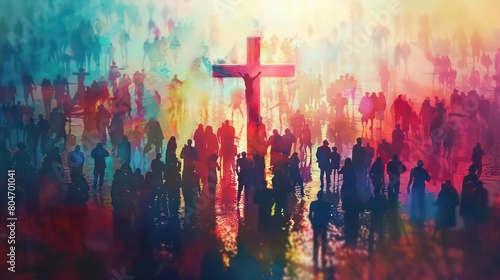 Many people around the cross, christian concept, modern painting photo