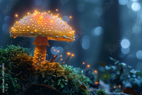 Enchanted-looking glowing mushroom surrounded by sparkling lights in a peaceful, fairy-forest ambiance