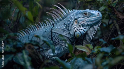 Majestic blue iguana camouflaged amongst lush green foliage  exhibiting natural reptilian behavior and subtlety