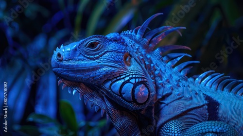 Intimate portrait of a blue iguana s detailed head features  highlighted by dramatic blue lighting  evokes a primal connection