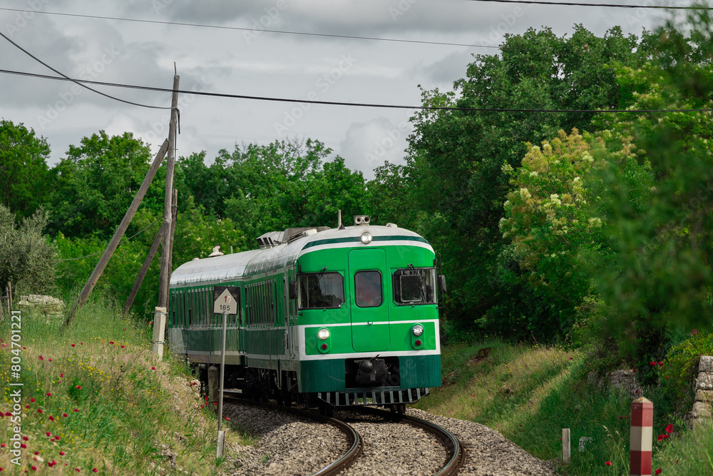 Naklejka premium Green train or zeleni vlak, connecting Ljubljana, Slovenia and Pula, Croatia, on its way towards the end station. Picturesque green train in between the istrian scenery and straight track