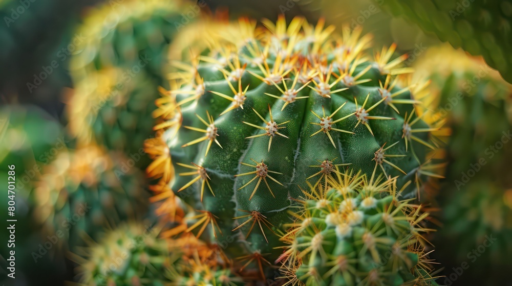 This image showcases the intricate pattern of a cactus's spines, lit up by the warm glow of natural sunlight This image showcases the intricate pattern of a cactus's spines, lit up by the warm glow of natural sunlight