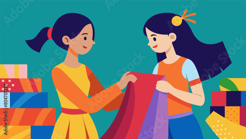 A mother and daughter browse through a variety of vibrant fabrics picking out material for a homemade craft project.. Vector illustration
