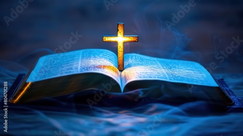 Open book with glowing cross on dark blue background. Religious concept